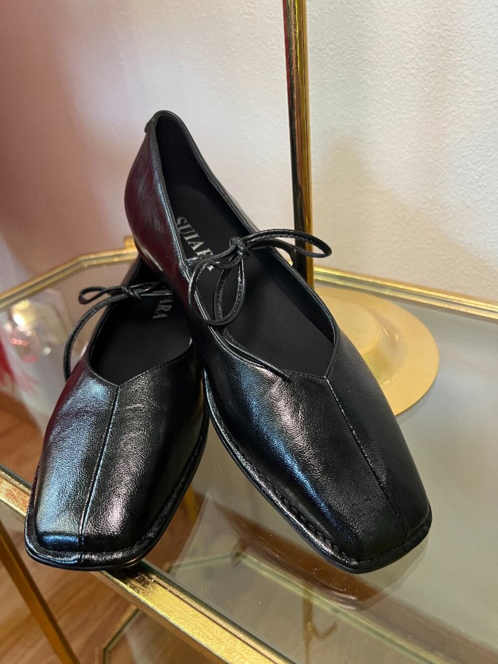 'NEW' LACE UP BLACK LEATHER BALLET FLATS SIZE 8
